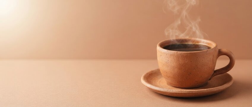 Hot coffee in handmade clay cup with steam rising on beige background. Rustic ceramic mug on saucer. Cozy morning beverage concept with copy space for cafe menu.