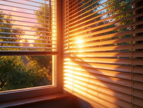 Sunlight streams through open window blinds creating warm patterns. Green trees visible outside, gentle breeze rustles leaves, peaceful morning ambiance. Golden hour light fills room, evokes calm.