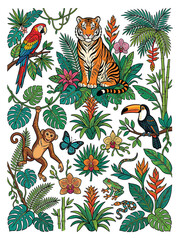 Obraz premium Jungle Wildlife and Tropical Plants, Vibrant Illustration