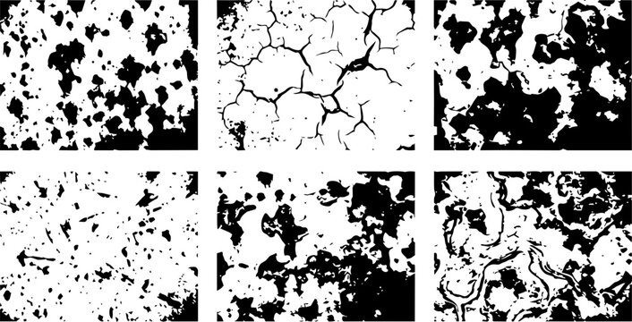 Distressed black and white vector graphic textures featuring various rough worn patterns for modern digital design