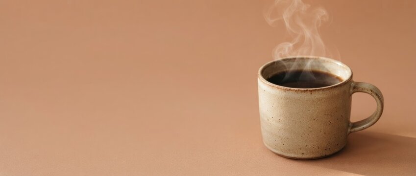 Steaming cup of hot coffee in ceramic mug on beige background. Morning drink and cozy break concept. Breakfast beverage with copy space for cafe menu and advertising.