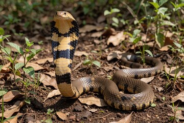 Fototapeta premium King cobra snake rises from dry ground with expanded hood in forest. Dangerous reptile looks forward crawling through leaves, grass. Wild venomous serpent shows warning pose in tropical jungle