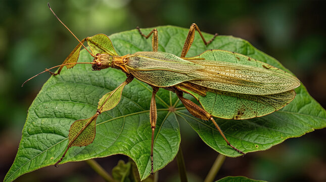 Leaf insect (Phyllium giganteum) camouflage on green leaf macro