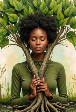 Black woman merging with a tree concept of nature connection and spiritual growth