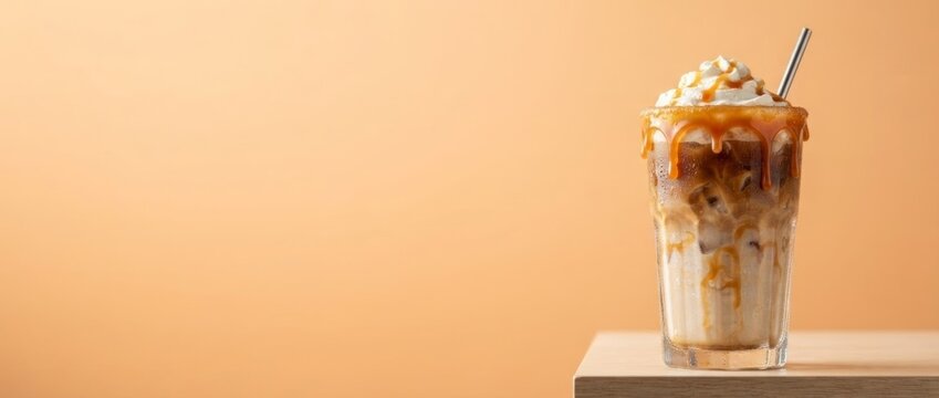 Iced caramel coffee in tall glass with whipped cream and caramel sauce dripping down side on wooden table. Cold refreshing summer drink for cafe menu and beverage advertisement