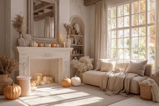 Cozy Autumn Living Room Decor with Fireplace and Pumpkins
