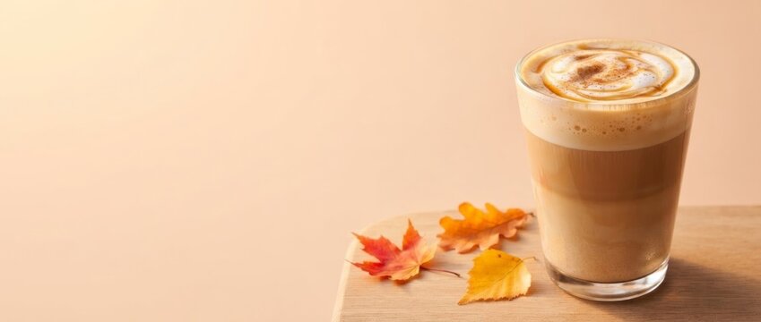 Latte coffee with whipped cream and caramel in glass on wooden table with autumn leaves. Cozy fall drink concept. Warm seasonal beverage for cafe menu with copy space