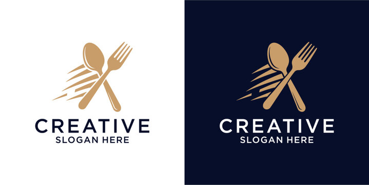 Gold spoon and fork restaurant food delivery logo.