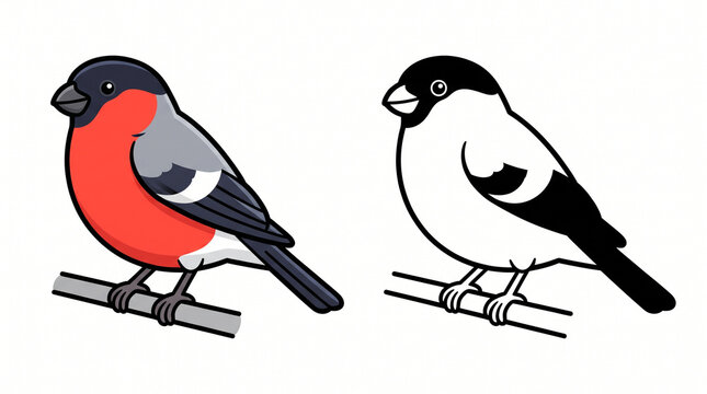 Two Identical Male Eurasian Bullfinch Illustrations &ndash; Colorful and Black-and-White Vector Set