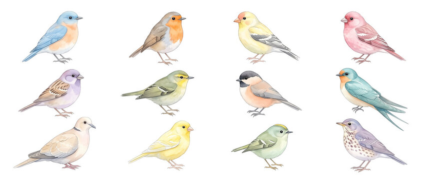Colorful watercolor bird species illustration set isolated on black background featuring robin bluebird sparrow canary swallow dove finch collection for nature wildlife artwork design projects and ico