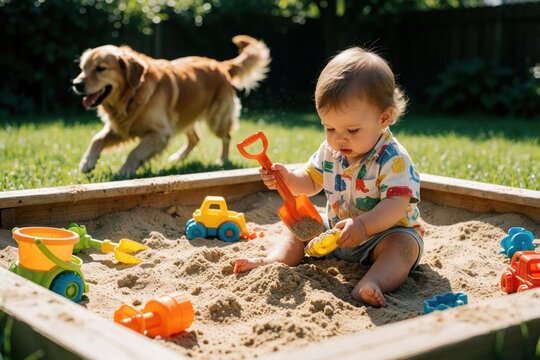 Baby plays in sandpit with orange shovel and toys. Golden retriever dog runs in green grass backyard on sunny day. Pure childhood fun and exploration with pet.