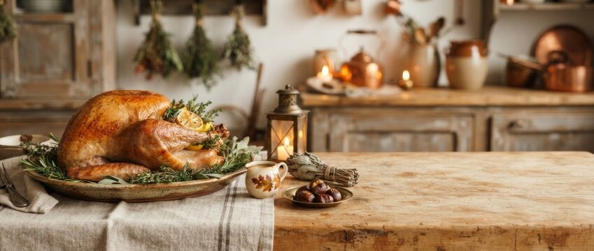 Roasted turkey with herbs and lemon on rustic wooden table in farmhouse kitchen. Thanksgiving dinner centerpiece with lantern and candles. Autumn holiday feast food concept.
