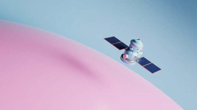 Small blue satellite orbits large pink planet in deep space. Spacecraft with solar panels floats near pastel colored celestial body. Sci-fi concept of space exploration, cosmic travel in minimalist
