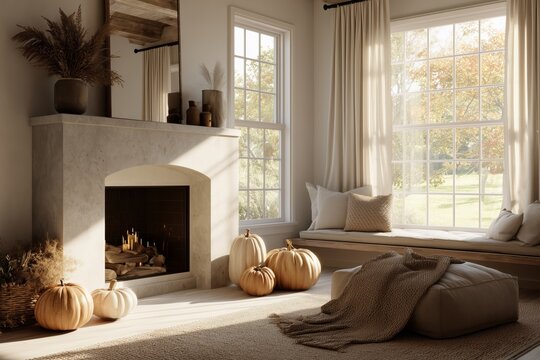 Cozy Fall Living Room with Fireplace, Window Seat, and Pumpkins