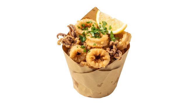 A delicious serving of fried calamari in a brown paper cone on transparent background