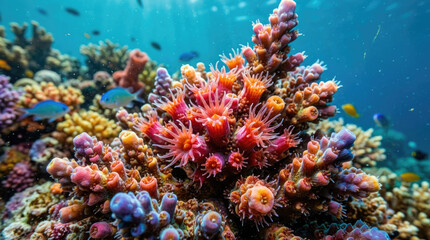 Fototapeta premium Vibrant pink coral polyps on a tropical reef underwater with swimming fish, showcasing ocean biodiversity