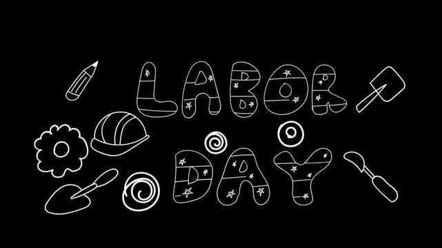 Labor day chalkboard doodle animation featuring hand drawn construction tools and festive decorative typography motion clip