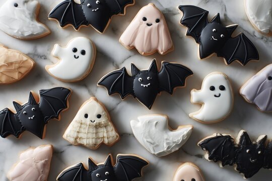 Cute Halloween Bat and Ghost Cookies on Marble Flat Lay