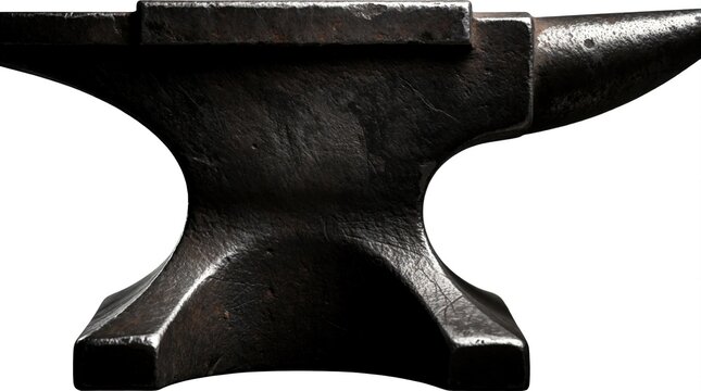 Heavy dark metal anvil stands isolated on white background. This blacksmith tool shows rough texture and robust build, symbolizing strength and craftsmanship in metalwork.