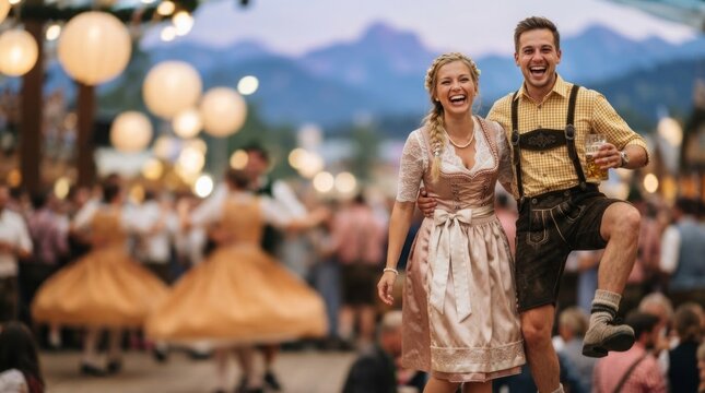 Happy woman in dirndl and man in lederhosen laughing with beer at Oktoberfest festival. Couple in traditional Bavarian costume celebrating German beer holiday. Joyful festive mood.