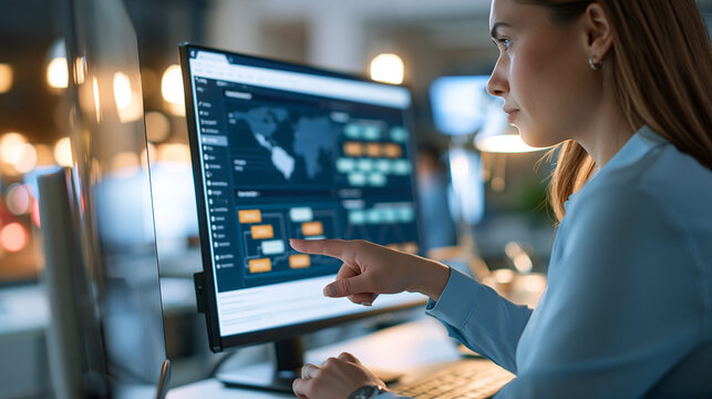 over-the-shoulder view of a corporate analyst reviewing a regulatory compliance dashboard with a regional map and workflow diagrams on a large bright screen, clean modern office,
