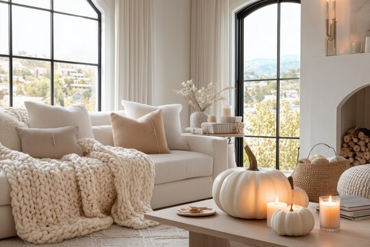 Elegant Fall Living Room Decor: Cozy Home with Pumpkins & Soft Lighting