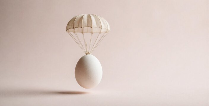 White egg with deployed parachute suspended in air. Natural light illuminates the fragile object falling against a soft pink background, symbolizing delicate delivery or Easter surprise.