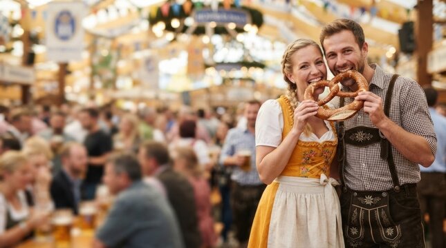 Happy couple in traditional bavarian clothes eating pretzel at oktoberfest beer festival. Woman in dirndl and man in lederhosen celebrating german folk holiday. Autumn event