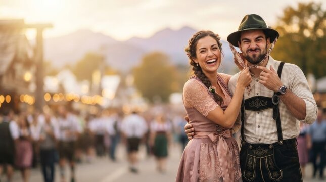 Happy couple in traditional Bavarian costume at Oktoberfest. Woman in dirndl dress and man in lederhosen laughing at beer festival. German culture and folk celebration concept.
