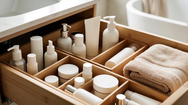 Organized wooden drawer contains white cosmetic skincare bottles, cream jars. Neat bathroom storage features various beauty products, soft beige towel. Minimalist wellness routine setup provides