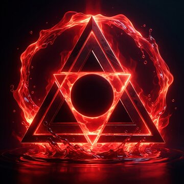 Abstract red geometric symbol with energy splash effect. Fiery liquid surrounds a glowing triangle emblem, creating a mystic vibe. Powerful shape emits light on dark backdrop.