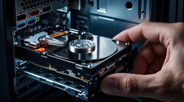 Hand installs hard disk drive into desktop computer case for data storage upgrade. Installing computer part, building PC, technology repair, digital media storage solution.