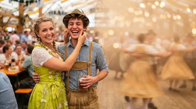Young couple in traditional Bavarian clothes at Oktoberfest. Woman in dirndl dress laughing with man in lederhosen holding beer. German beer festival celebration.