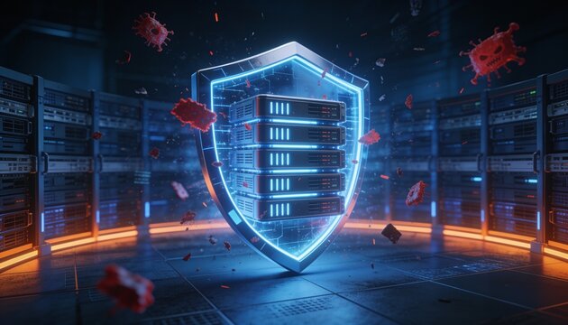 Enterprise cybersecurity concept &mdash; resilient shield protecting glowing server cluster from red malware fragments and corrupted data, dark blue cyber atmosphere, orange highlighted defense perimeter