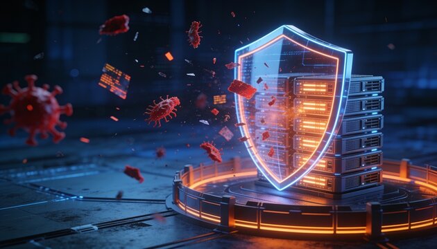 Enterprise cybersecurity concept &mdash; resilient shield protecting glowing server cluster from red malware fragments and corrupted data, dark blue cyber atmosphere, orange highlighted defense perimeter