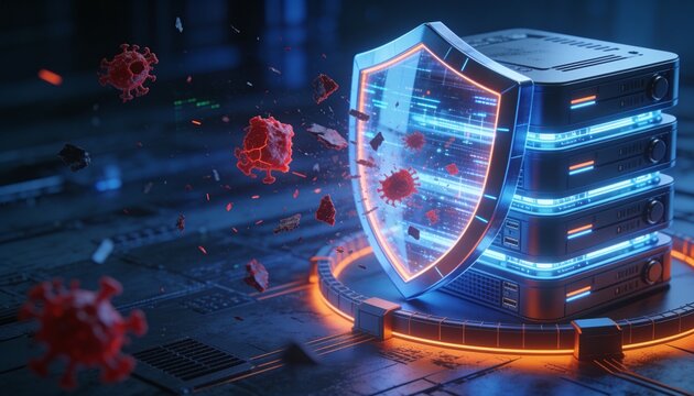 Enterprise cybersecurity concept &mdash; resilient shield protecting glowing server cluster from red malware fragments and corrupted data, dark blue cyber atmosphere, orange highlighted defense perimeter