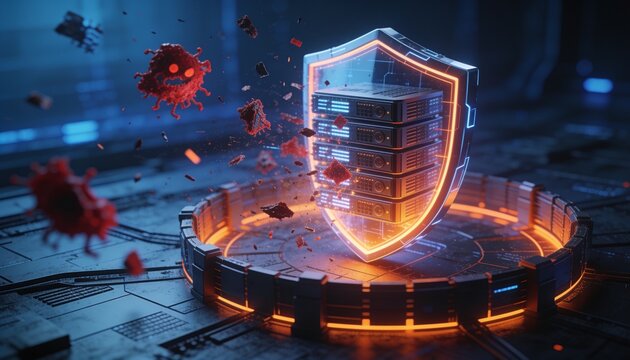Enterprise cybersecurity concept &mdash; resilient shield protecting glowing server cluster from red malware fragments and corrupted data, dark blue cyber atmosphere, orange highlighted defense perimeter