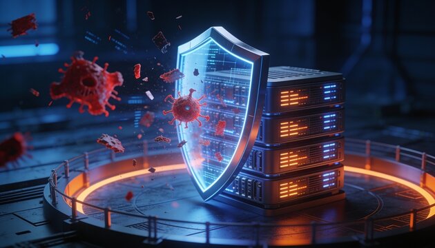 Enterprise cybersecurity concept &mdash; resilient shield protecting glowing server cluster from red malware fragments and corrupted data, dark blue cyber atmosphere, orange highlighted defense perimeter