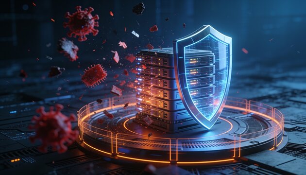Enterprise cybersecurity concept &mdash; resilient shield protecting glowing server cluster from red malware fragments and corrupted data, dark blue cyber atmosphere, orange highlighted defense perimeter