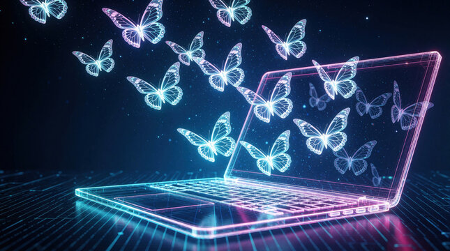 Digital butterflies emerge from laptop, symbolizing transformation and new ideas. Futuristic concept represents innovation, creativity, and data flow, connected to abstract digital world.