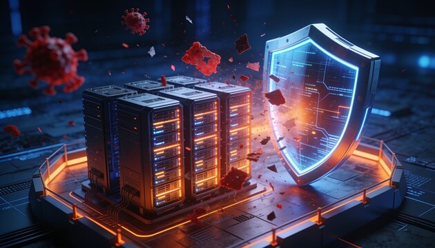 Enterprise cybersecurity concept &mdash; resilient shield protecting glowing server cluster from red malware fragments and corrupted data, dark blue cyber atmosphere, orange highlighted defense perimeter