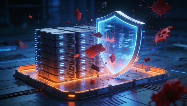 Enterprise cybersecurity concept &mdash; resilient shield protecting glowing server cluster from red malware fragments and corrupted data, dark blue cyber atmosphere, orange highlighted defense perimeter
