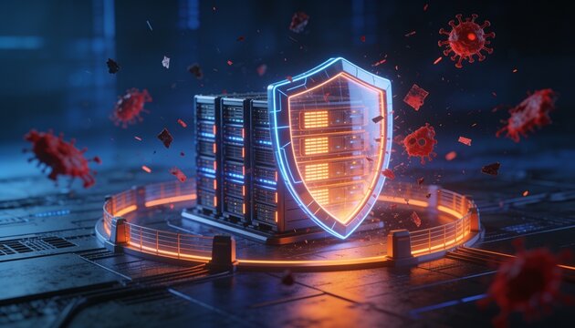Enterprise cybersecurity concept &mdash; resilient shield protecting glowing server cluster from red malware fragments and corrupted data, dark blue cyber atmosphere, orange highlighted defense perimeter