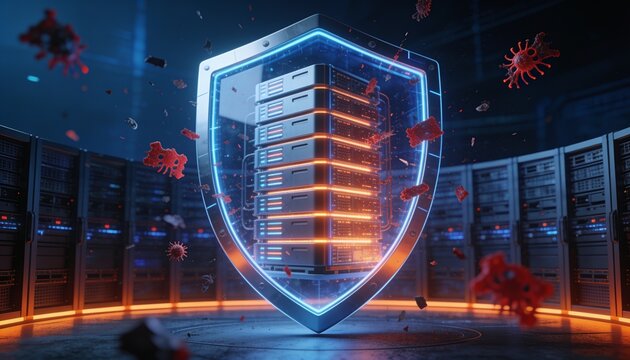 Enterprise cybersecurity concept &mdash; resilient shield protecting glowing server cluster from red malware fragments and corrupted data, dark blue cyber atmosphere, orange highlighted defense perimeter