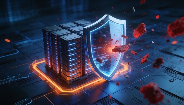 Enterprise cybersecurity concept &mdash; resilient shield protecting glowing server cluster from red malware fragments and corrupted data, dark blue cyber atmosphere, orange highlighted defense perimeter