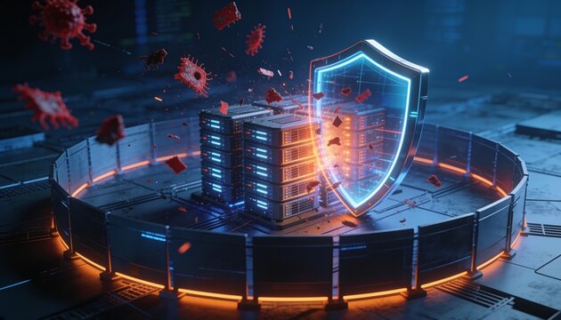 Enterprise cybersecurity concept &mdash; resilient shield protecting glowing server cluster from red malware fragments and corrupted data, dark blue cyber atmosphere, orange highlighted defense perimeter