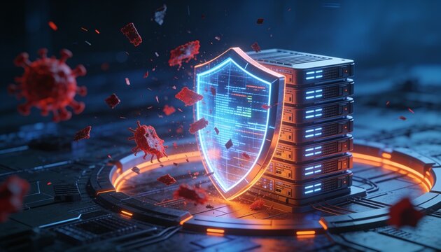 Enterprise cybersecurity concept &mdash; resilient shield protecting glowing server cluster from red malware fragments and corrupted data, dark blue cyber atmosphere, orange highlighted defense perimeter
