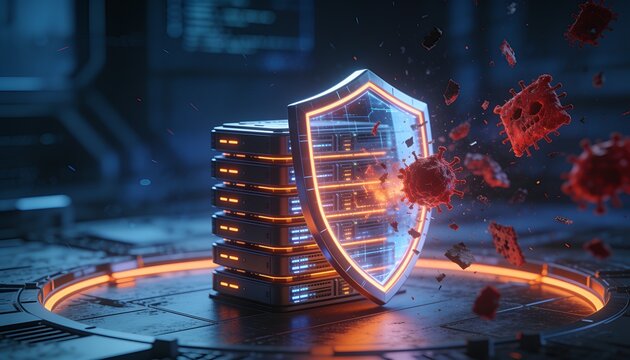 Enterprise cybersecurity concept &mdash; resilient shield protecting glowing server cluster from red malware fragments and corrupted data, dark blue cyber atmosphere, orange highlighted defense perimeter