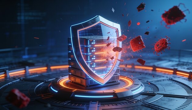 Enterprise cybersecurity concept &mdash; resilient shield protecting glowing server cluster from red malware fragments and corrupted data, dark blue cyber atmosphere, orange highlighted defense perimeter