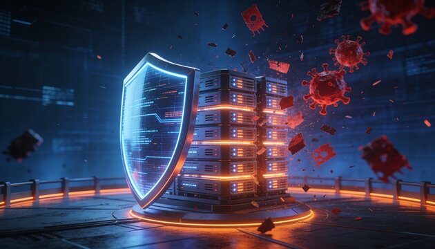 Enterprise cybersecurity concept &mdash; resilient shield protecting glowing server cluster from red malware fragments and corrupted data, dark blue cyber atmosphere, orange highlighted defense perimeter